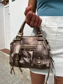Bolso hebillas piel brillos bronce