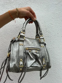 Bolso hebillas piel brillos plata