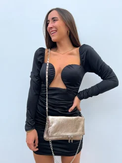 Bolso piel cadenas bronce
