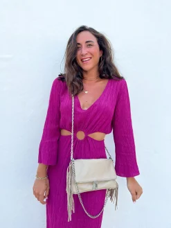 Bolso piel cadenas flecos crema