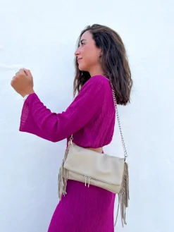 Bolso piel cadenas flecos crema
