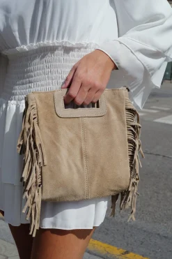 Bolso piel flecos beige