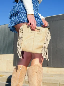Bolso piel lisa flecos beige