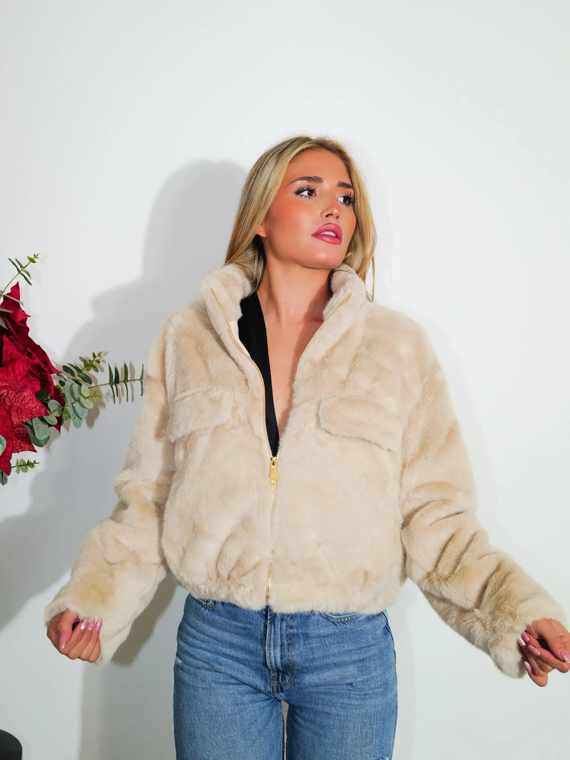 Chaqueta pelo cremallera beige