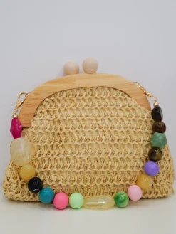 Clutch rafia abalorios beige