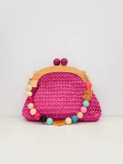 Clutch rafia abalorios fucsia