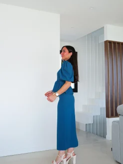 Conjunto falda midi pomposo petróleo