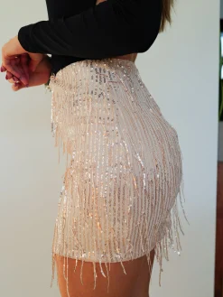 Falda mini glitter flecos beige