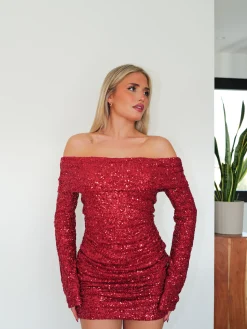 Vestido bardot glitter rojo