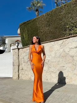 Vestido cascada largo naranja