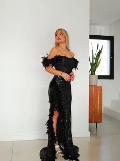 Vestido corse glitter plumas negro