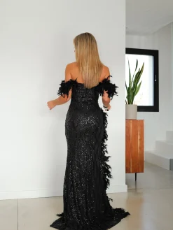 Vestido corse glitter plumas negro