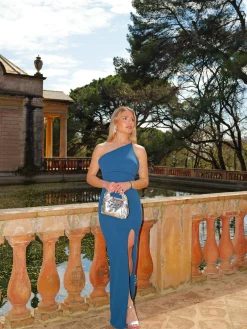 Vestido escote asim sirena petróleo
