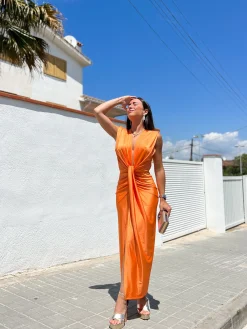 Vestido escote lazo naranja