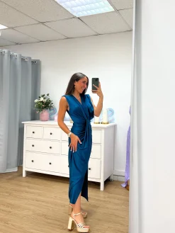 Vestido escote lazo petróleo