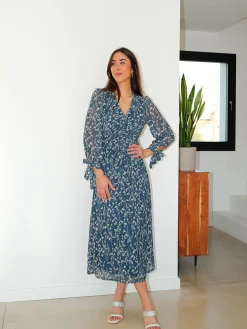 Vestido frunce estampado azul