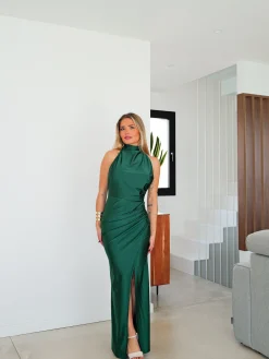 Vestido halter espalda lazo botella