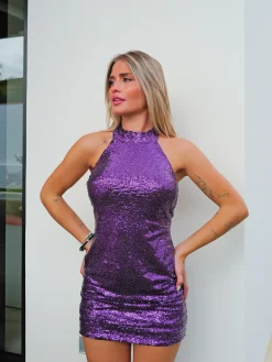 Vestido halter glitter morado