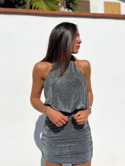 Vestido halter lurex plata
