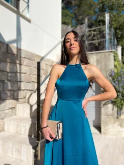 Vestido halter raso petróleo