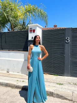 Vestido halter raso salvia