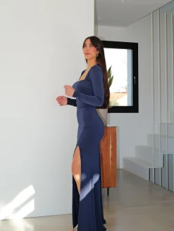 Vestido largo escote cuadrado marino