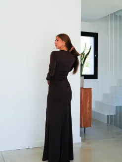 Vestido largo escote cuadrado chocolate