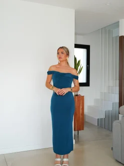 Vestido midi barco cruzado petróleo