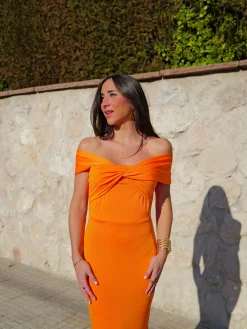 Vestido midi barco cruzado naranja