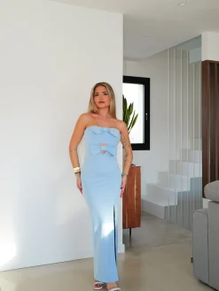 Vestido midi cut escote lazos celeste