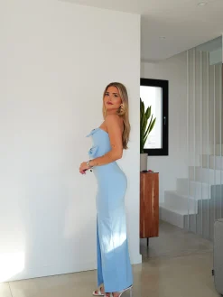 Vestido midi cut escote lazos celeste