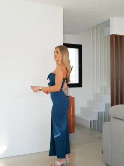 Vestido midi cut escote lazos petróleo