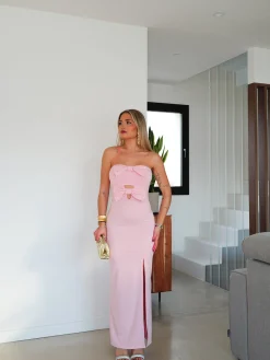 Vestido midi cut escote lazos rosa