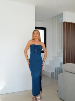 Vestido midi cut escote lazos petróleo