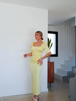 Vestido midi espalda lazo amarillo