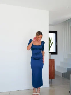 Vestido midi espalda lazo petróleo