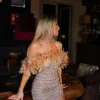 Vestido mini plumas glitter beige