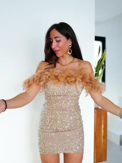 Vestido mini plumas glitter beige
