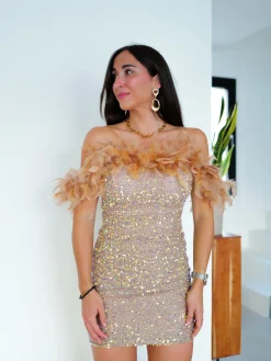 Vestido mini plumas glitter beige