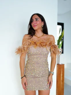 Vestido mini plumas glitter beige