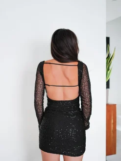 Vestido mini tulle escote cuadrado glitter negro