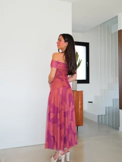 Vestido palabra estampado tulle vuelo coral