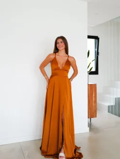 Vestido raso entrelazado teja