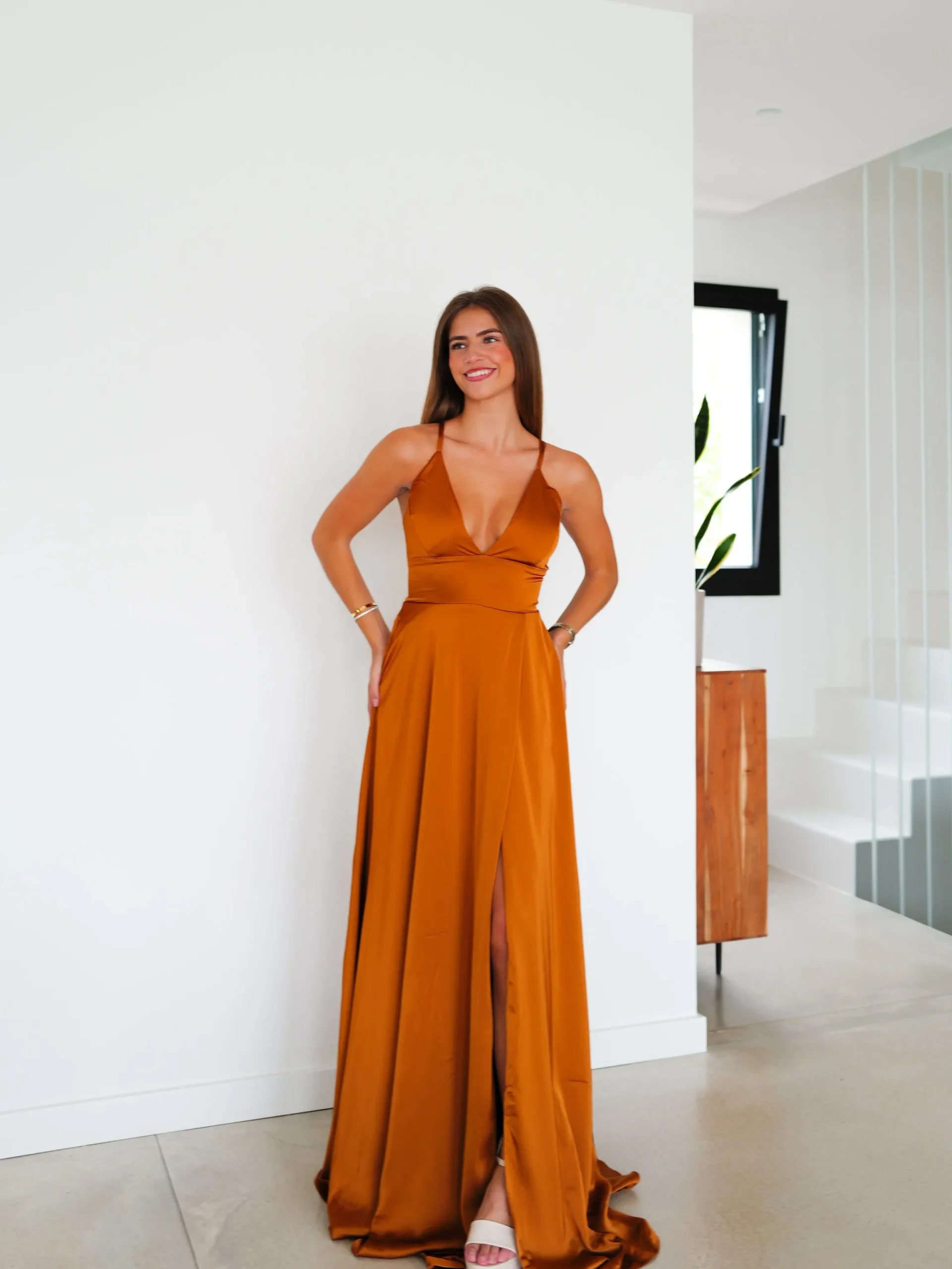 Vestido raso entrelazado teja
