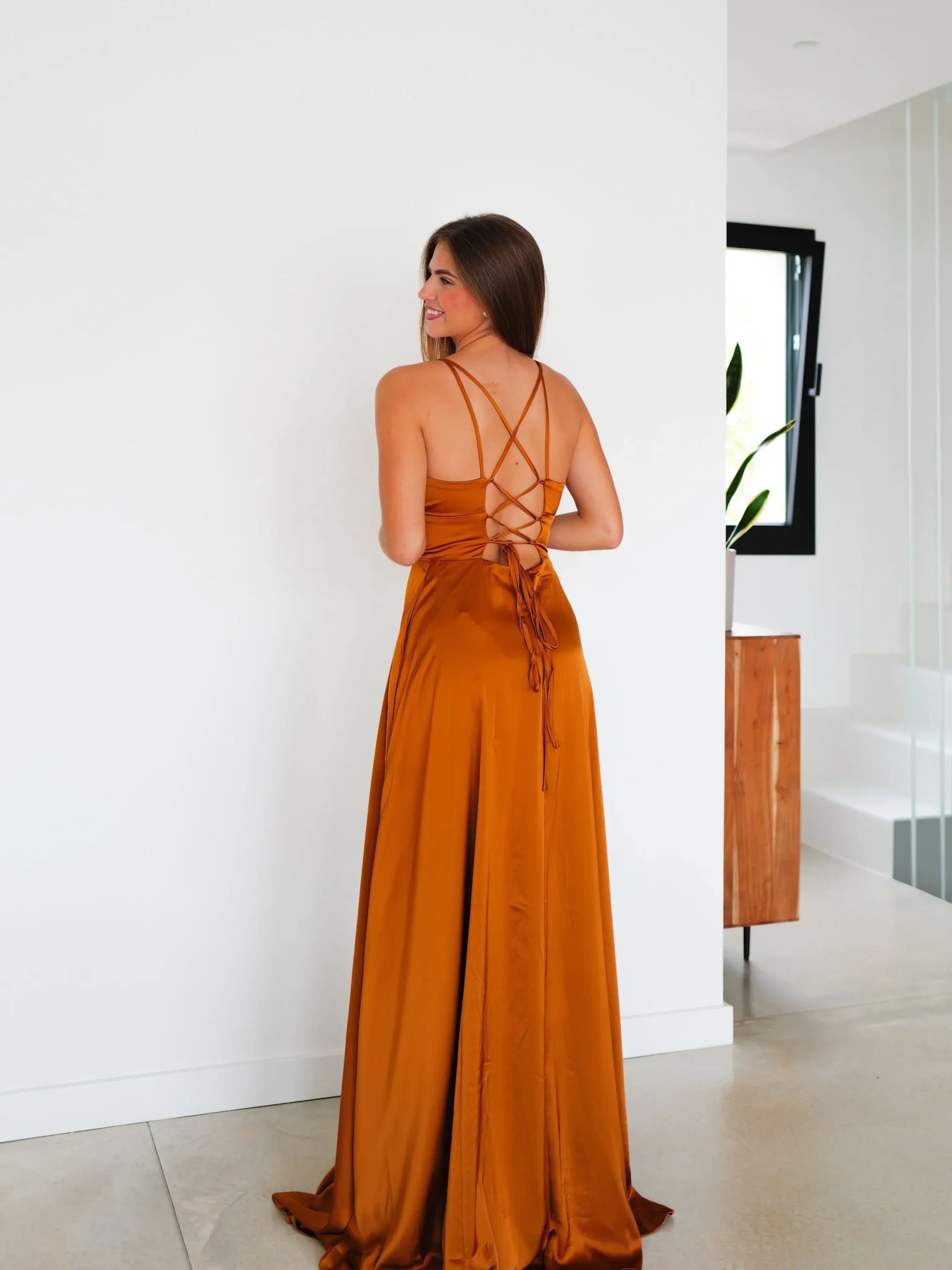 Vestido raso entrelazado teja