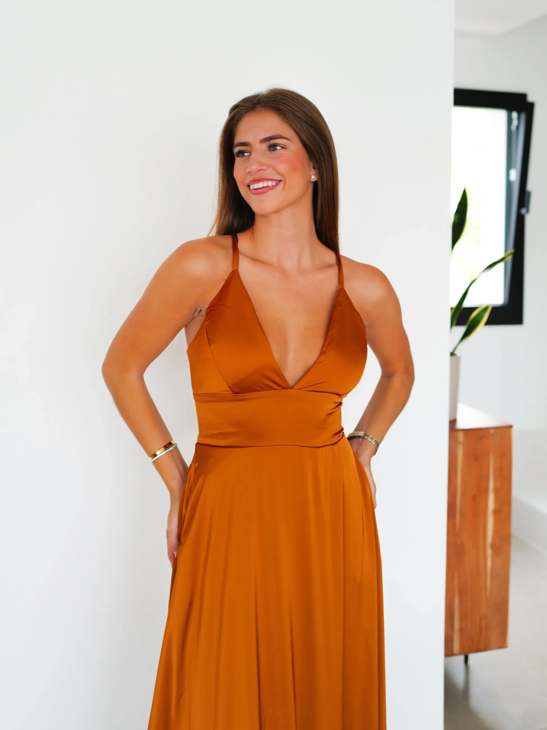 Vestido raso entrelazado teja