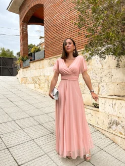 Vestido tulle manga rosa