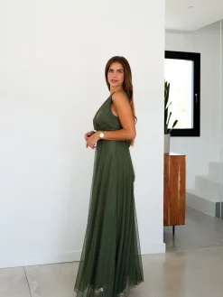 Vestido tulle pico caqui
