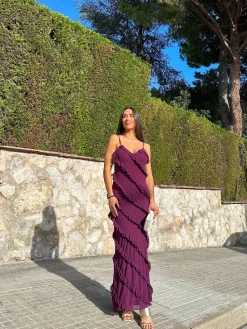 Vestido volantes crepe berenjena