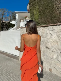 Vestido volantes crepe naranja